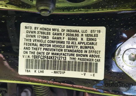 2019 Honda Civic Sport from USA, damaged, VIN 19XFC2F84KE212713